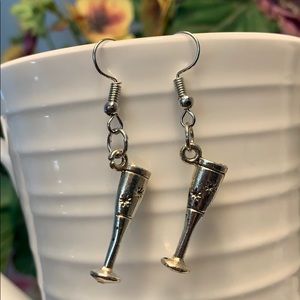 Drinking Flute Dangling Earrings, Silver Tone